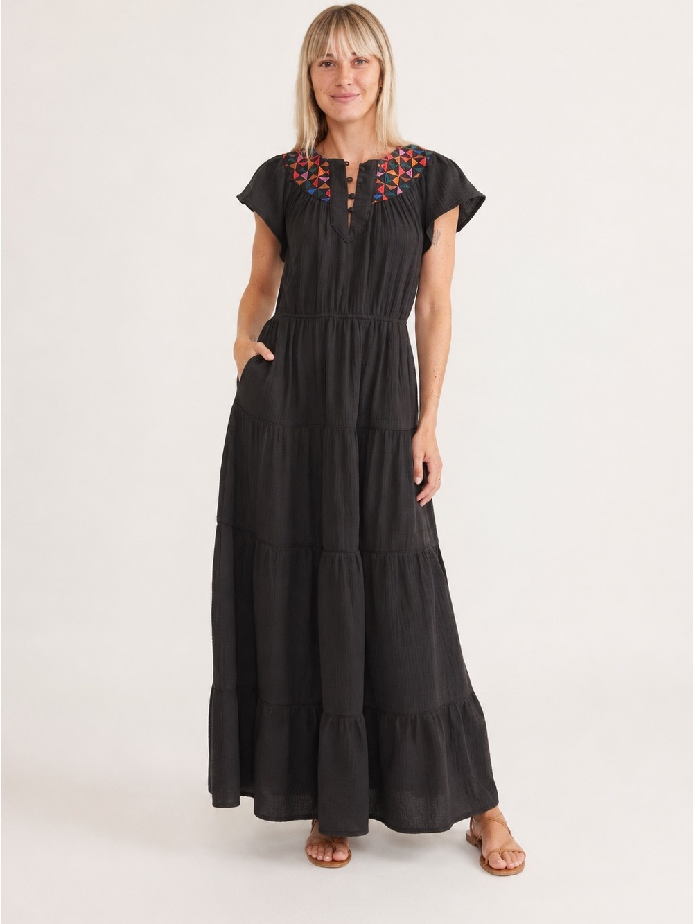 Marine Layer Black Maxi Dress with Multicolor Embroidered Yoke
